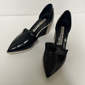 Acne Studios Black Patent D’Orsay Wedge Heels 39 US 8.5 Fringe Vamp Sculptural